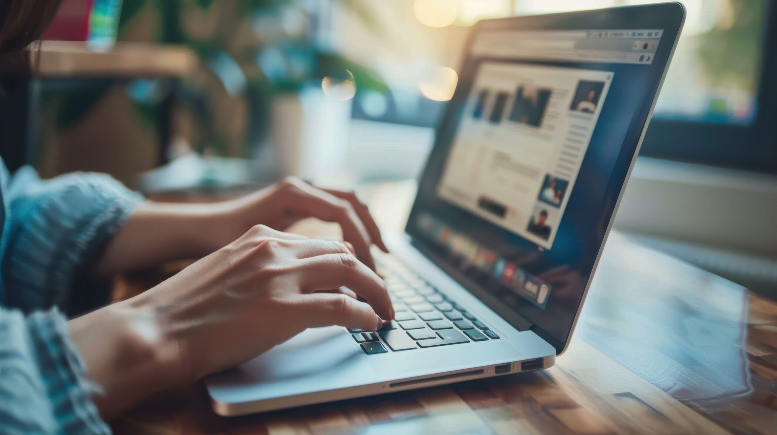 social media online content, freelance worker, working online, content creator, woman using laptop, man reading blog online on computer --ar 16:9 Job ID: c826cccc-e752-44a6-ba15-527ca26a4be3